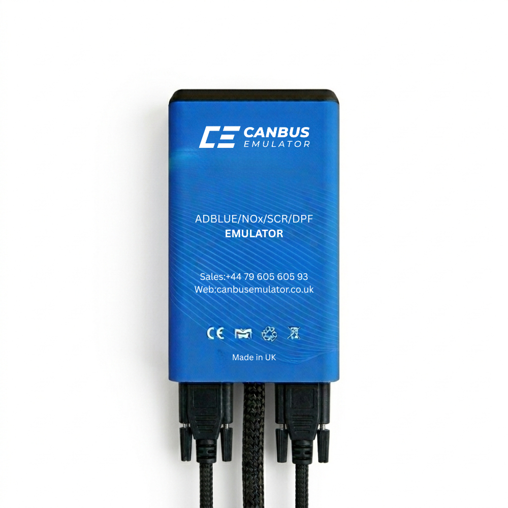 Blue CANBus Emulator device with cables on a white background