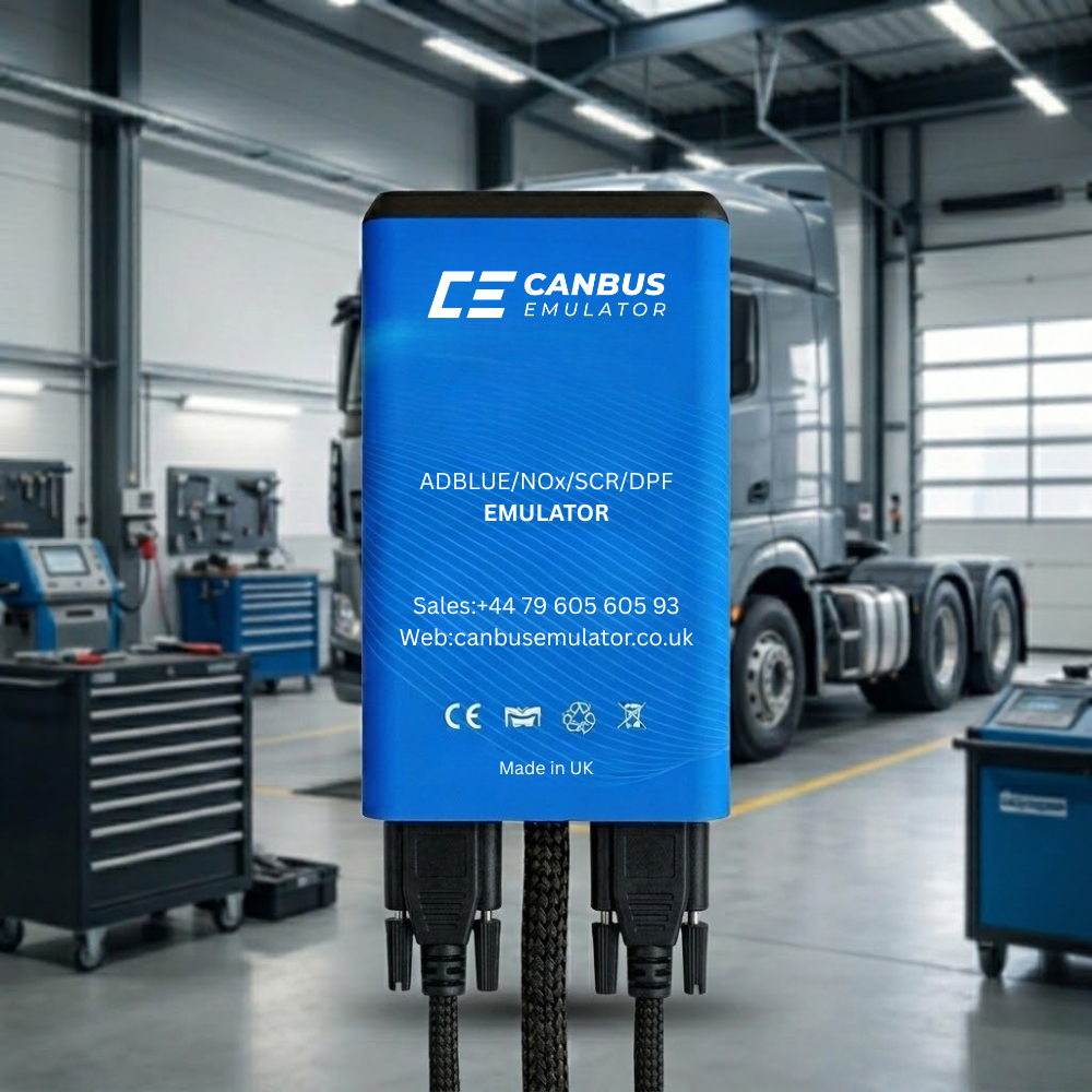 Canbus Emulator in a garage setting with a truck in the background