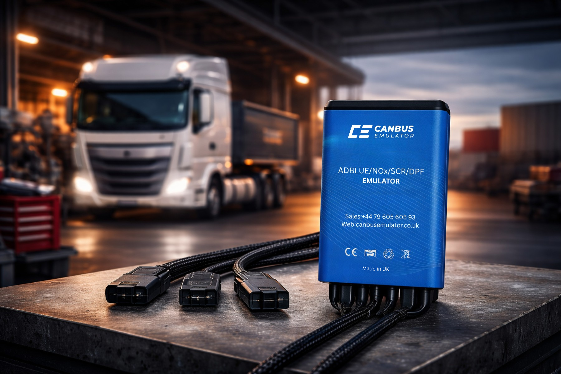 Canbus diagnostic tool on a workbench with a truck in the background